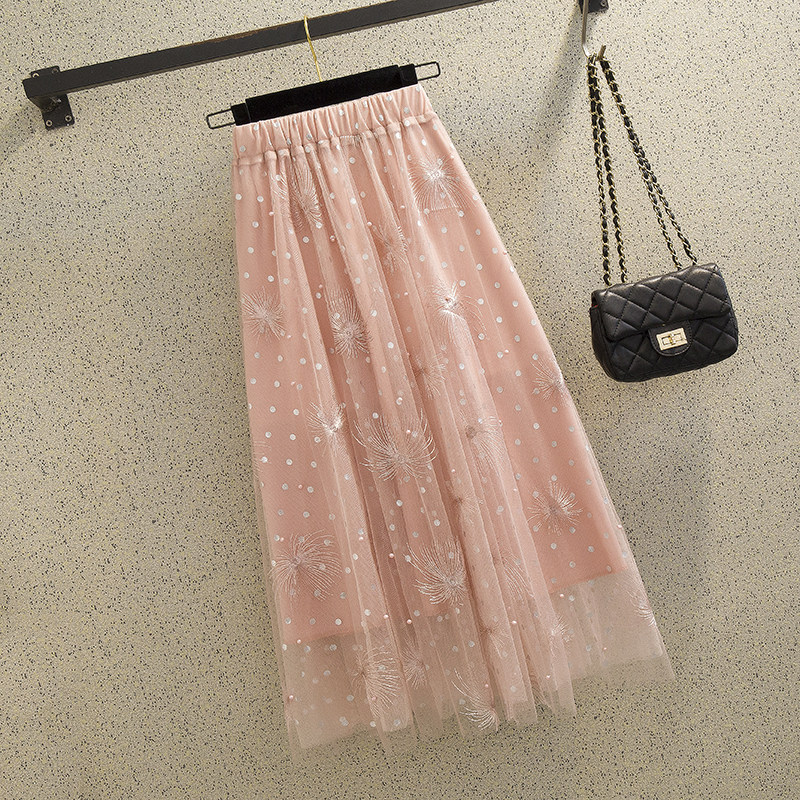 网纱珍珠裙子百搭高腰女裙波点半身半身裙