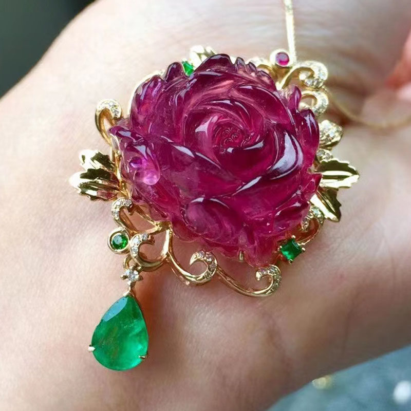 碧玺玫瑰花魅晶天然花开富贵吊坠祖母绿项坠挂件项坠
