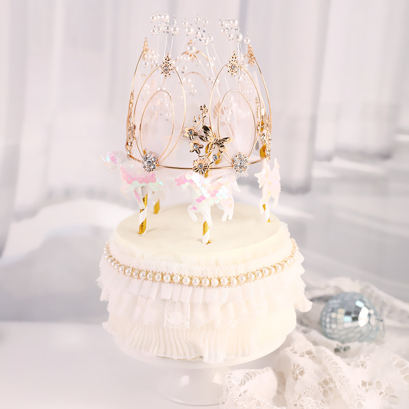 皇冠梦幻珍珠网红生日蛋糕装饰摆件蕾丝丝网蛋糕节日装扮用品