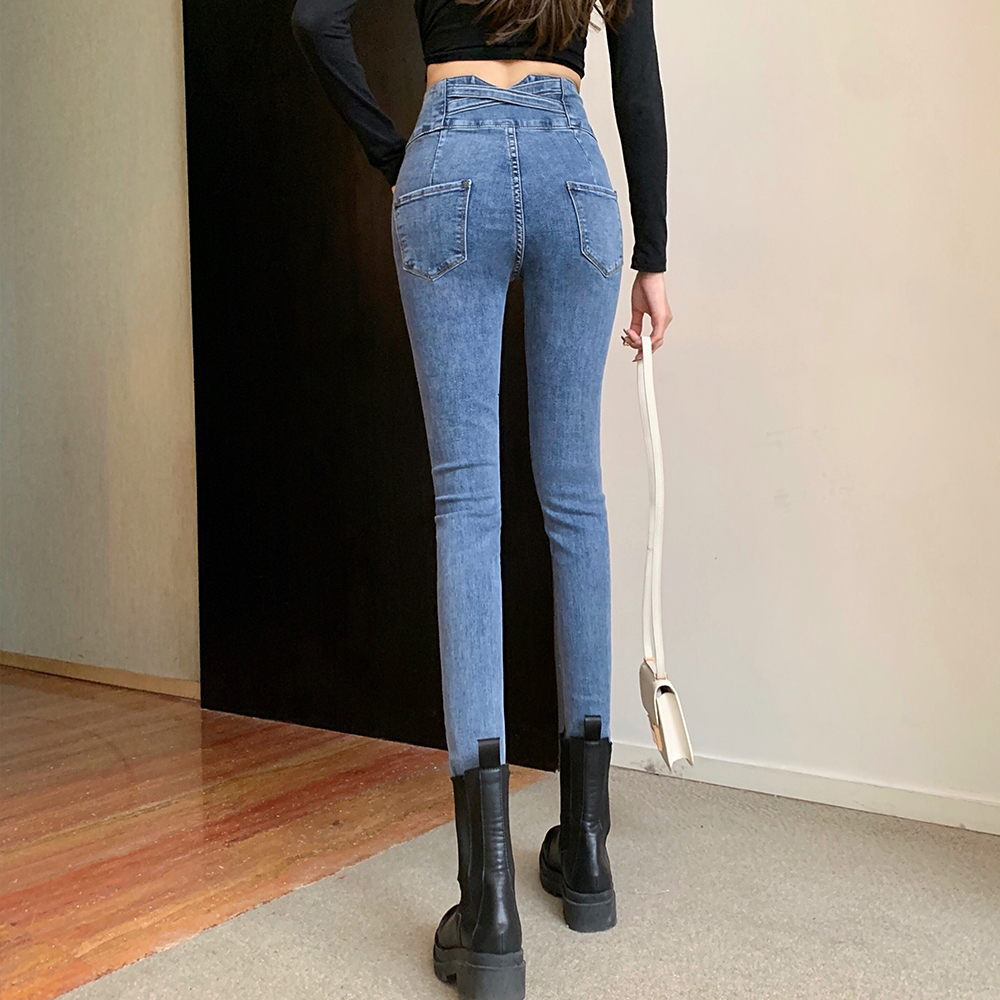 拉链开档牛仔裤女中中间铅笔九分小脚在后在后面牛仔裤