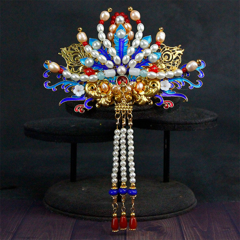 景泰景泰蓝蓝凤凰头冠女珍珠凤冠唐明制发古风汉服其它首饰