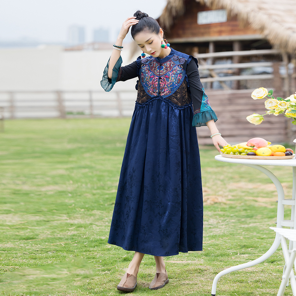 春秋民族风绣花盘扣长款背心连衣裙立领复古马甲a型纯色a字裙