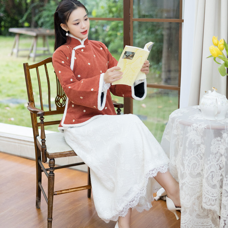 冬装新款复古民国风灯芯绒绣花加棉加厚兔毛边棉衣棉服女棉袄