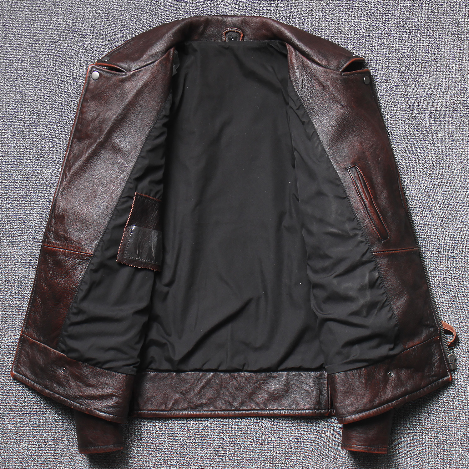 斜拉机车朋克做旧复古夹克牛皮拉链头层修身皮衣