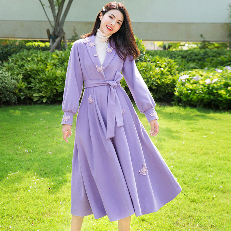 美妃毛呢外套女2021秋冬季新款中长款紫色羊毛呢子大衣赫本风