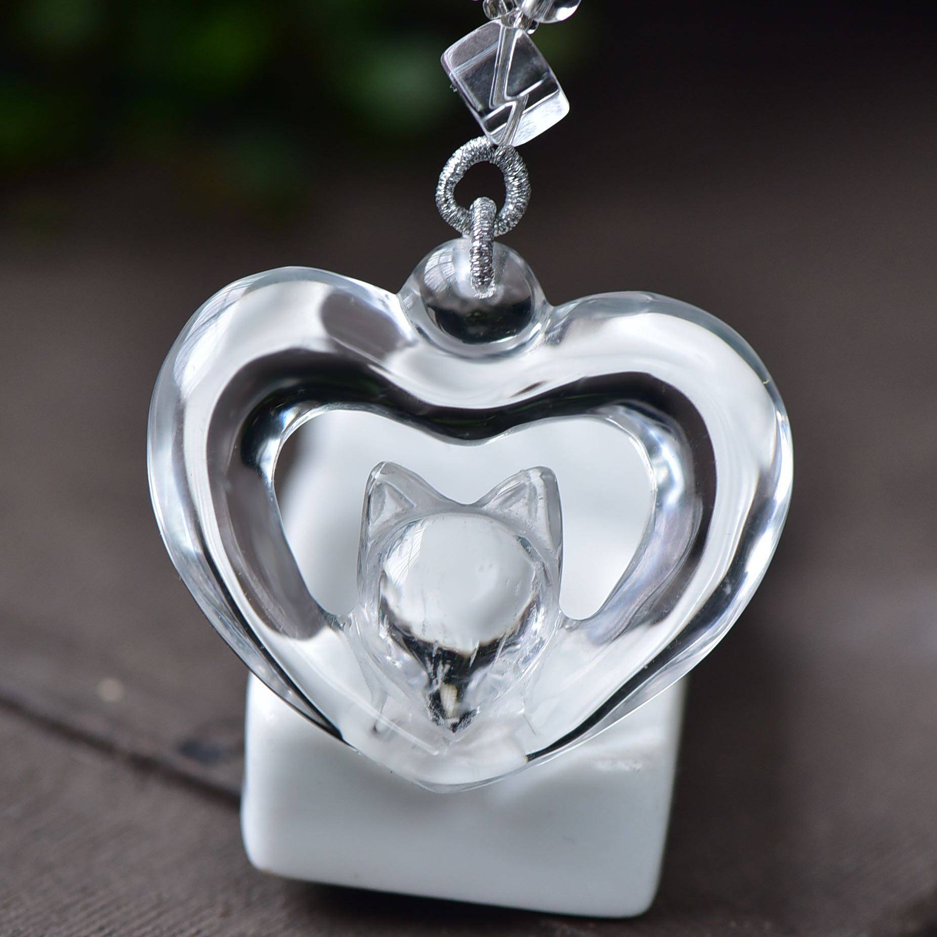 新款天然白水晶爱心萌狐狸吊坠项链水晶时尚饰品情人节礼物情侣