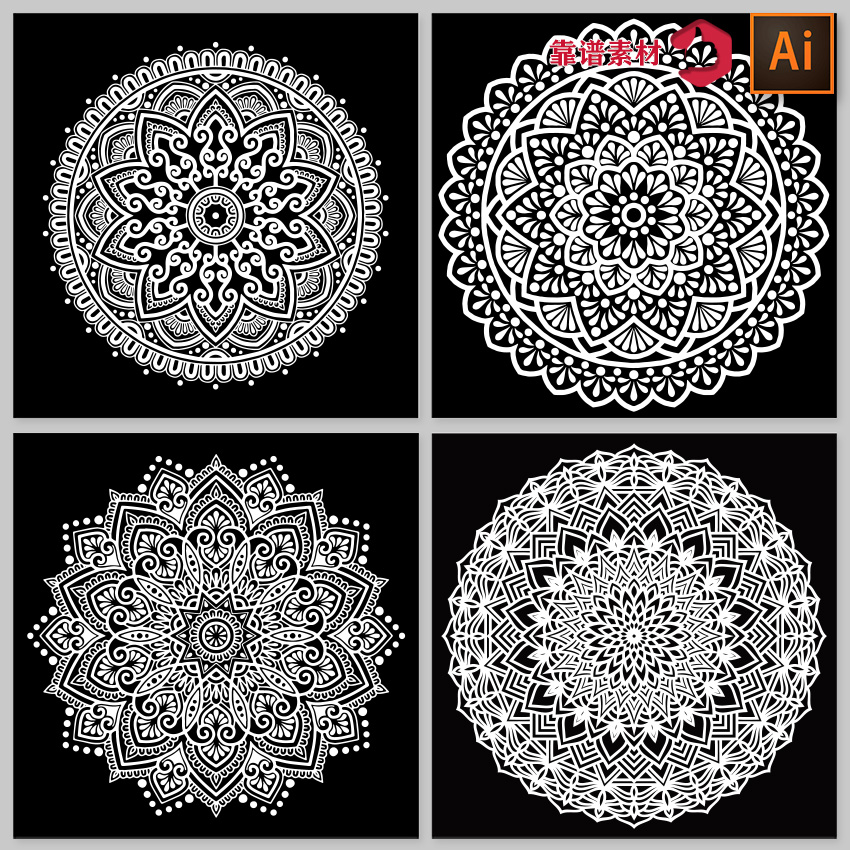 黑白简约吊顶地毯挂毯圆形曼陀罗对称花纹图案设计素材