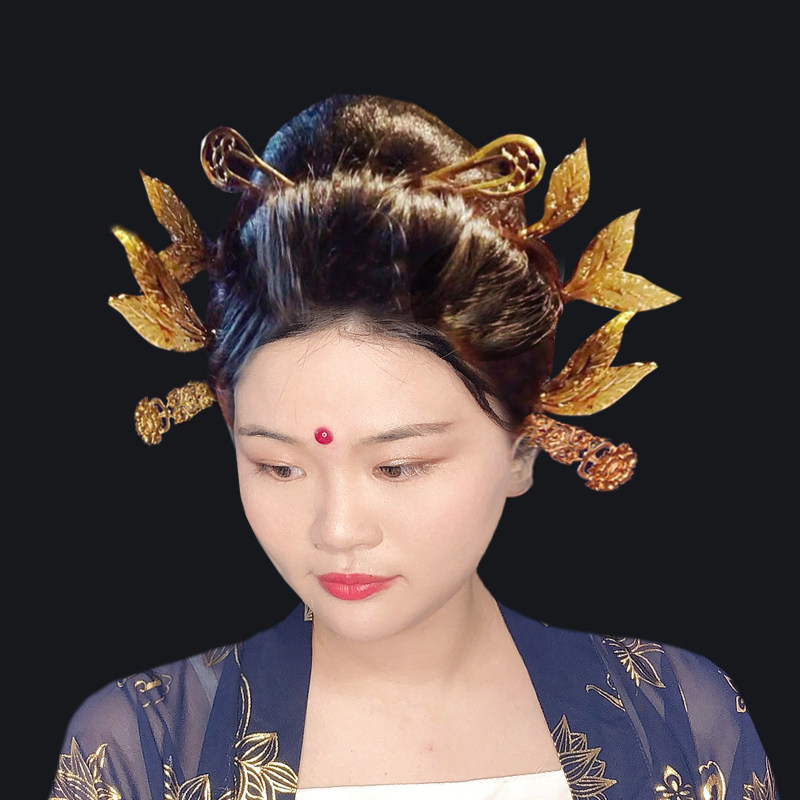 唐朝发饰唐妆金叶子鱼尾发簪供养养人古风风发发饰