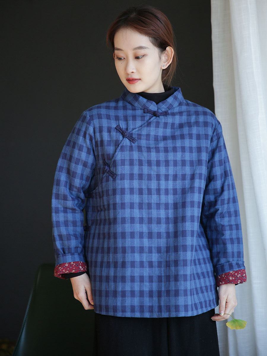 2021冬季原创棉麻女装复古盘扣斜襟小棉袄中式棉衣