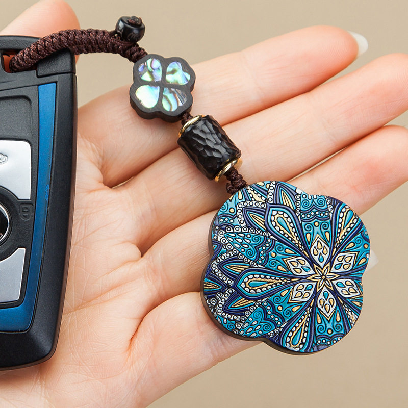 汽车钥匙扣手工彩绘檀木吊坠挂件创意古风男女车用钥匙扣