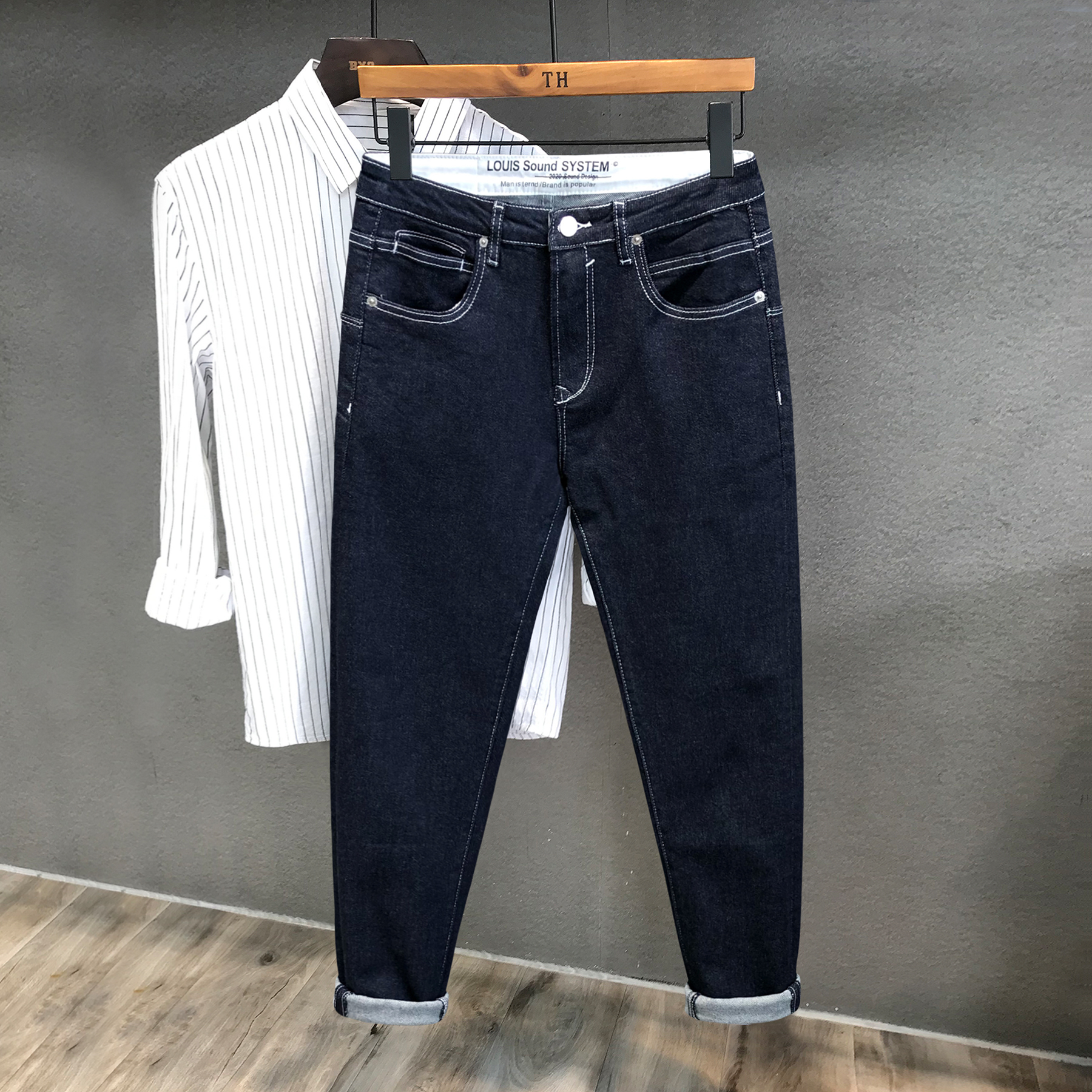 秋季深蓝色潮牌休闲牛仔裤男士修身小脚裤韩版潮流弹力长裤子男生