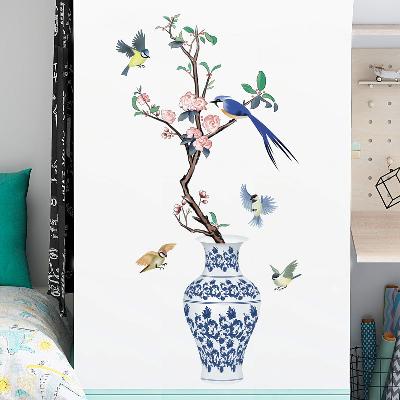 中国国风客厅玄关布置中式古风青花瓷花瓶贴纸墙贴