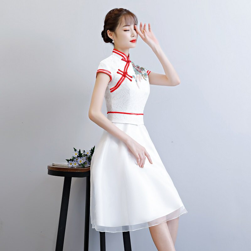 短款蕾丝短袖学生颁奖礼仪服演出服2020迎宾服校庆毕业礼服裙白色