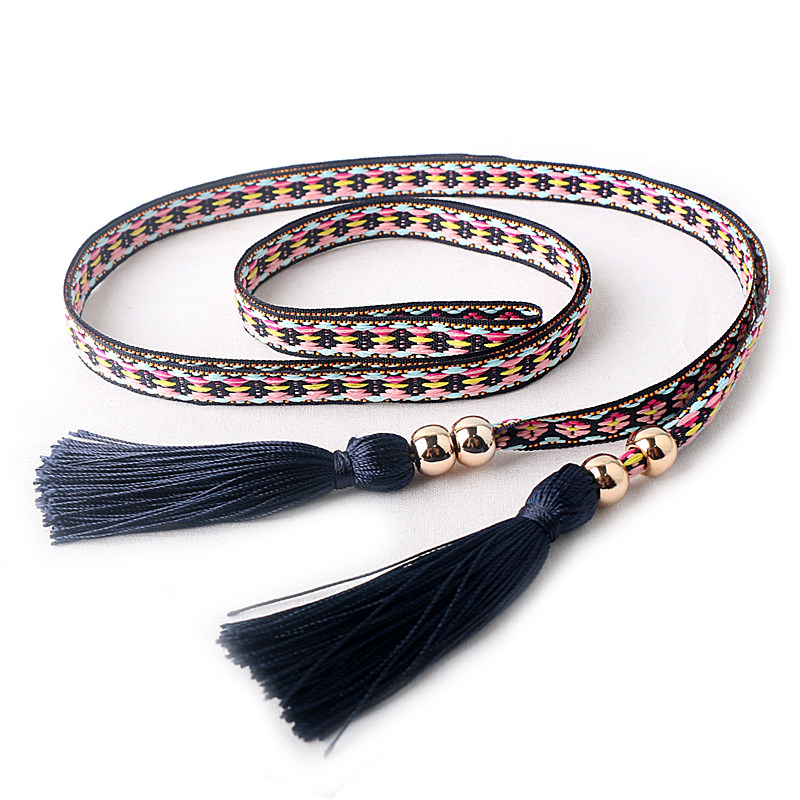 腰带民族风刺绣女细裙子简约百搭长款纯棉流苏腰带