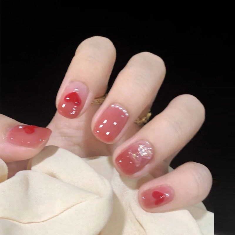 指甲贴片光疗成品渐变手绘桃心冰透小熊新娘美甲工具