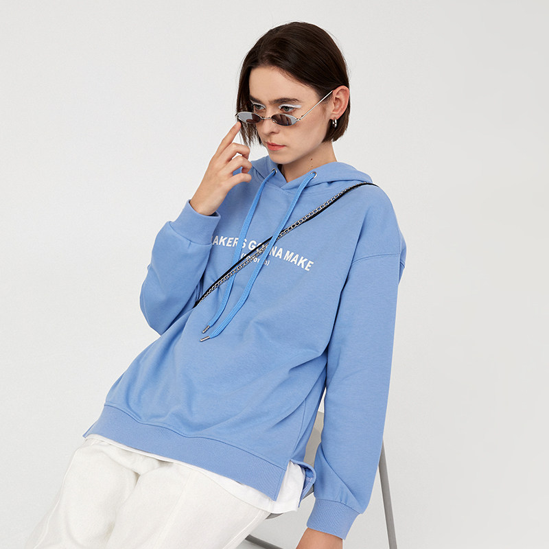 初语连帽卫衣女抽绳新款字母印花大码宽松蓝色卫衣