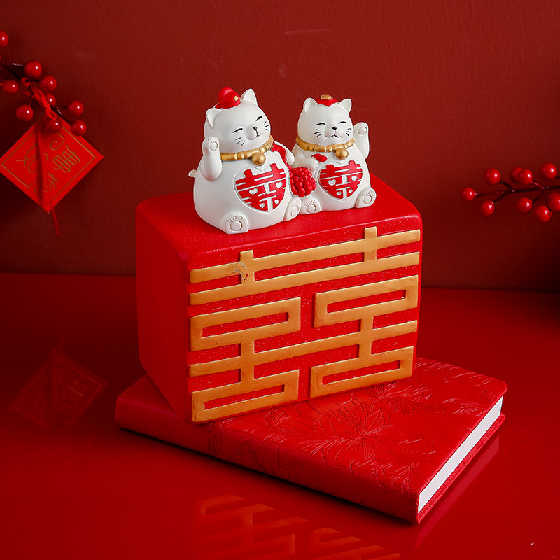 中式结婚大喜招财猫纸巾盒摆件新人订婚装饰品摆设婚庆送情侣礼品