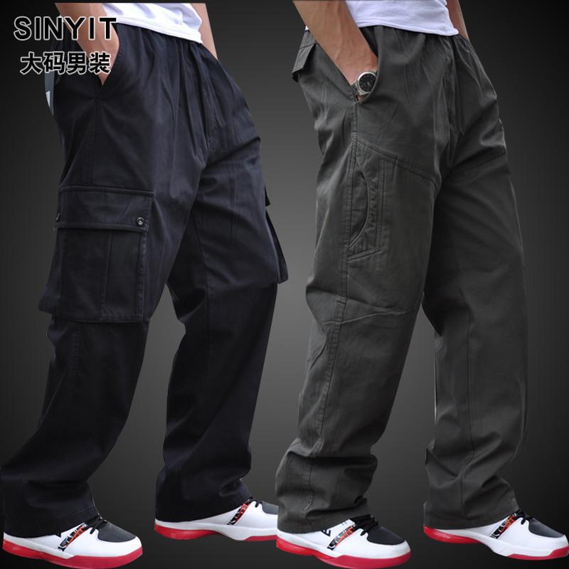 男士加肥加大码直筒裤春秋胖子多口袋工装裤秋冬季松紧腰宽松长裤