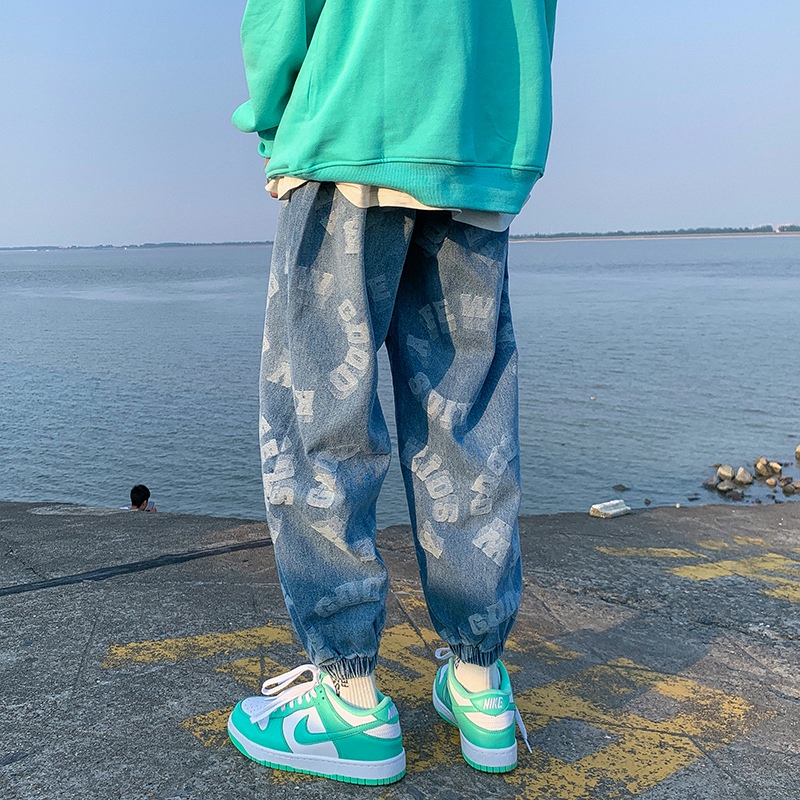 牛仔裤男夏季薄款宽松束脚裤百搭潮牌裤子设计感小众ins高街长裤