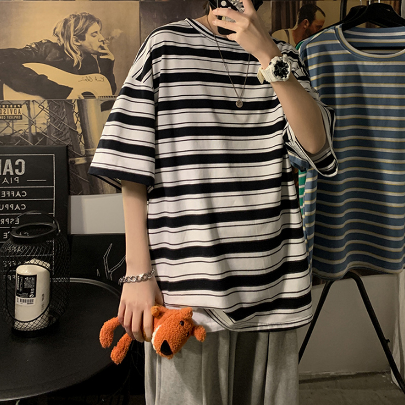 条纹短袖t恤男生潮牌宽松半袖夏季设计感小众体恤百搭潮流ins港风