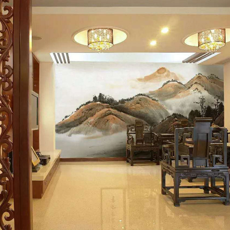 家装手绘国画淡雅山水电视背景墙壁画客厅餐厅定制壁画