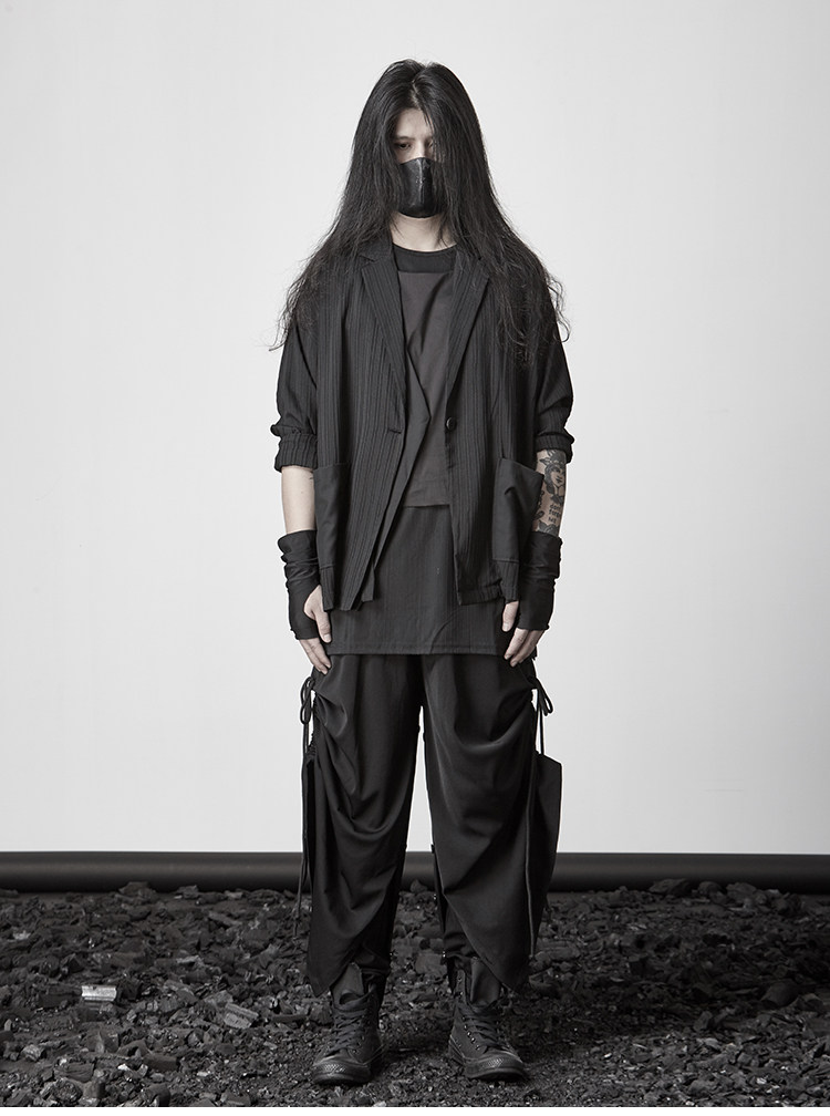 颓废设计小西宽松哥特暗黑男士潮男拼料元素西服