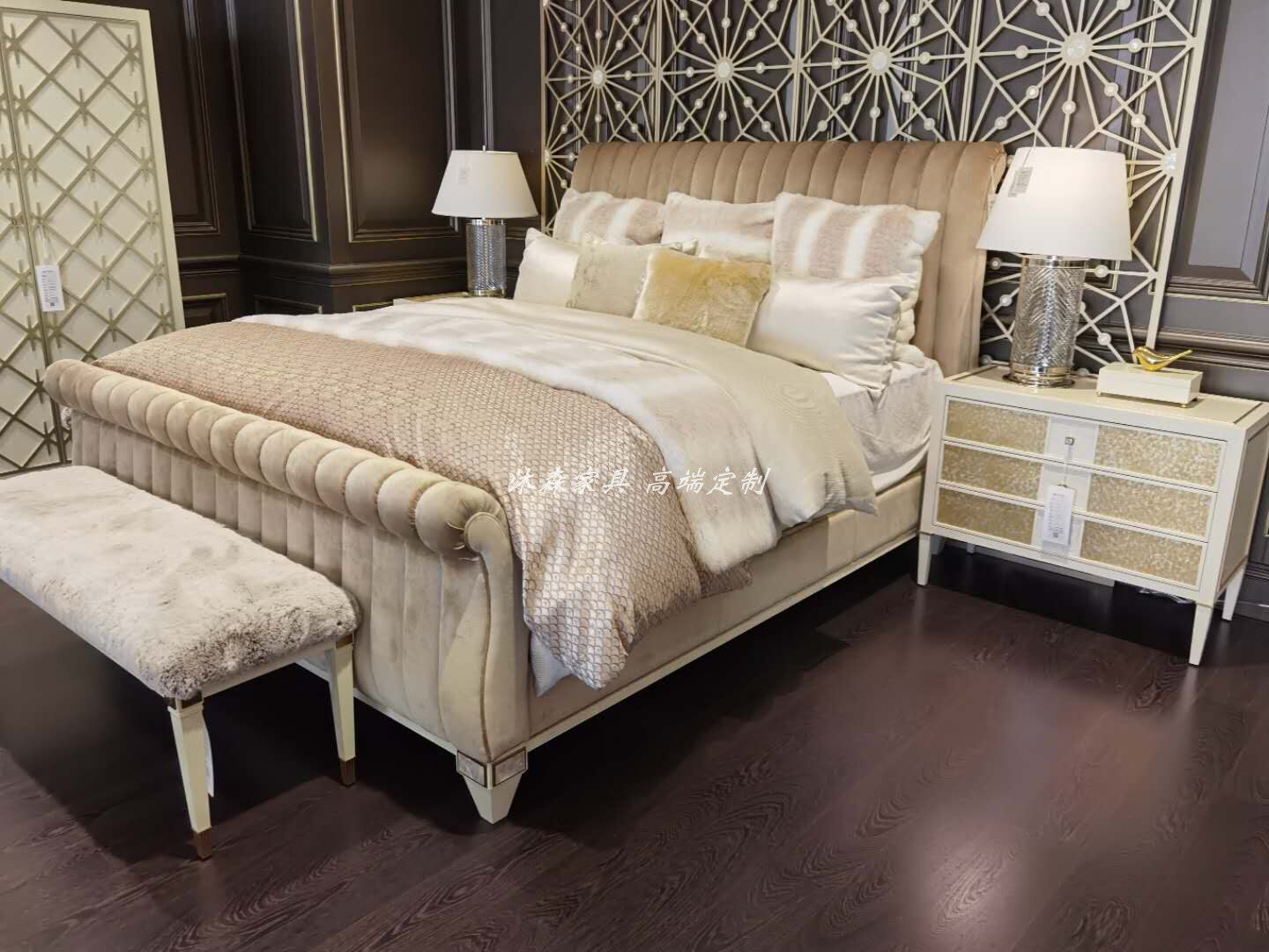 轻奢美克布艺美家现代主卧双人床美式实木木床布艺床