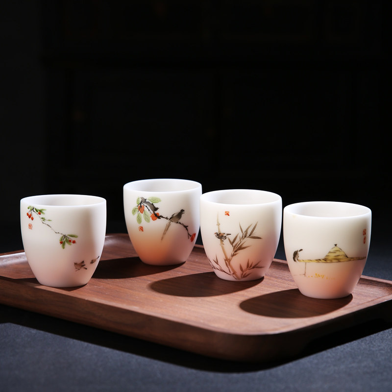羊脂功夫手绘茶杯茶盏陶瓷茶具品茗杯单杯花鸟茶杯