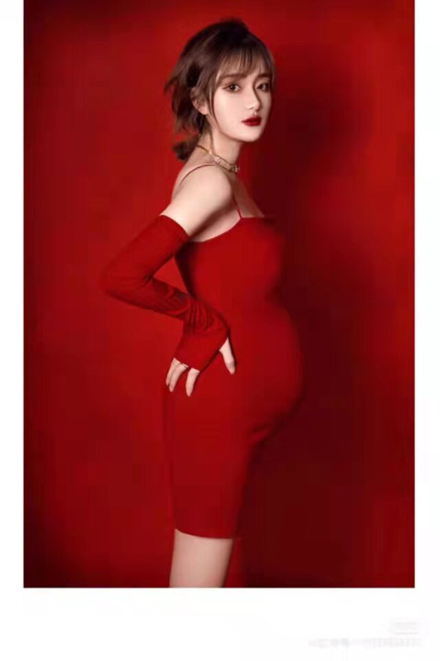 新款孕妇拍照服装性感针织个性本命年红色大肚摄影楼孕妈写真服饰