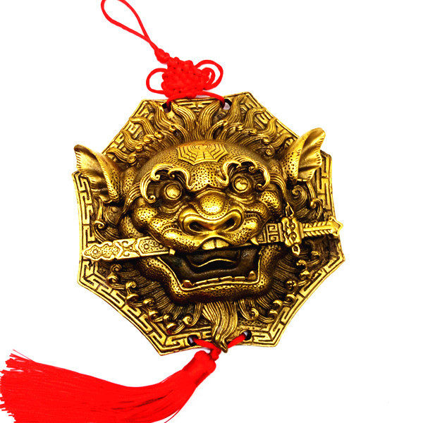 特价纯铜狮咬剑风水睚眦黄铜八角狮铜狮子头挂件摆件