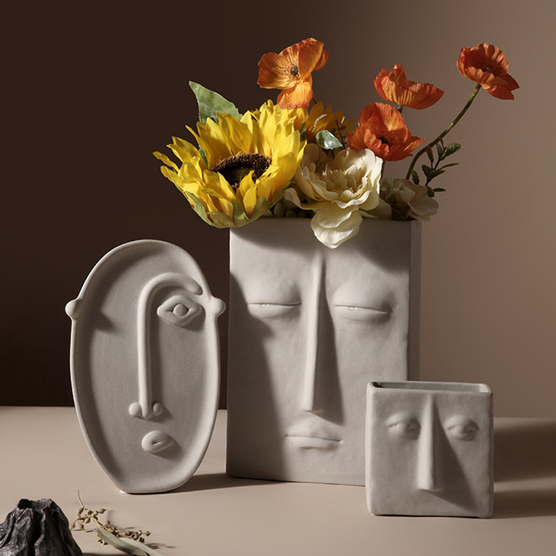 艺术创意抽象人脸陶瓷花瓶摆件素胚北欧欧民花瓶
