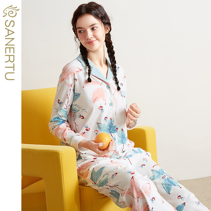 三耳兔新品睡衣春季纯棉印花长袖长裤柔软舒适睡衣