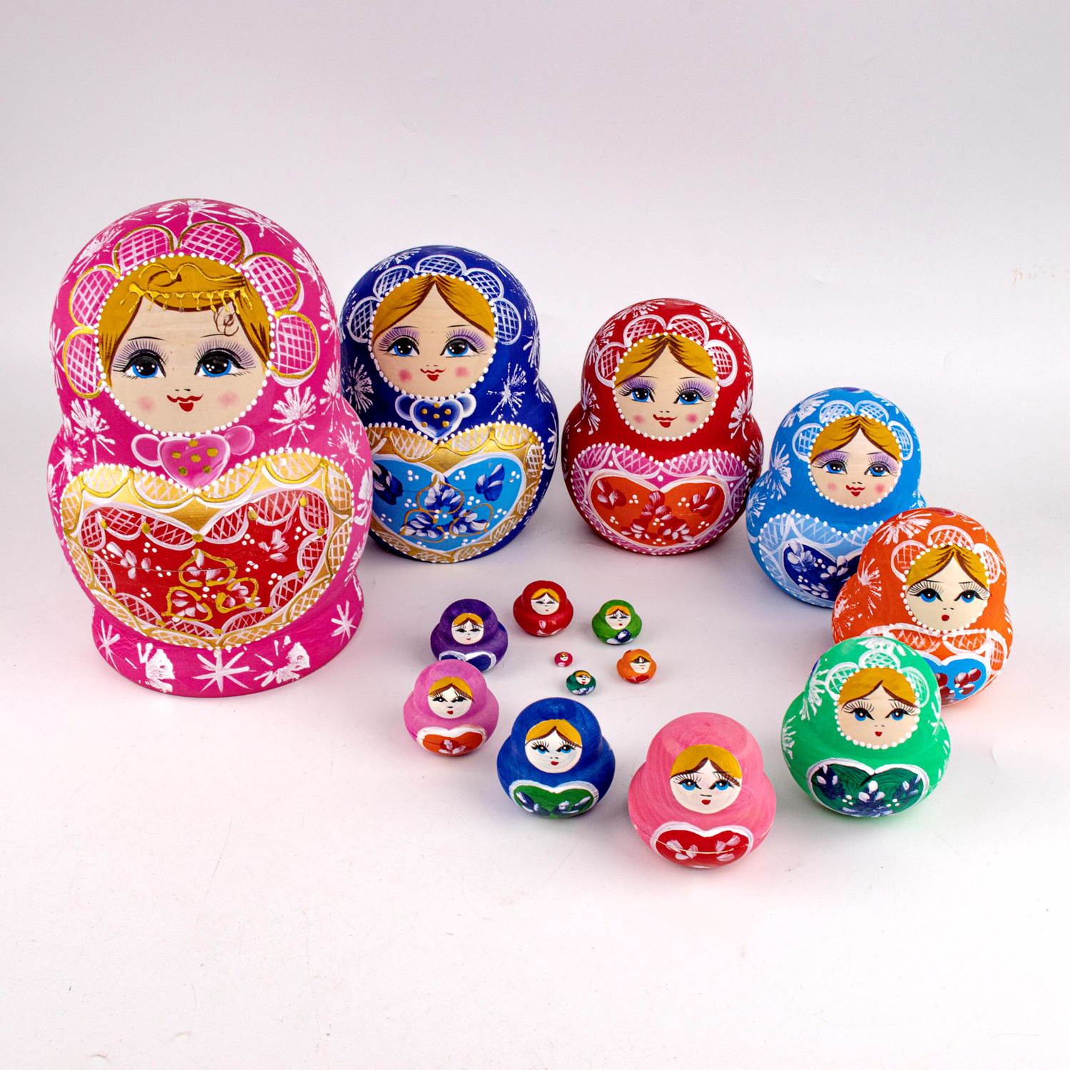 套娃正品俄罗斯15层粉色桃心风干椴木木质手绘俄罗斯特色