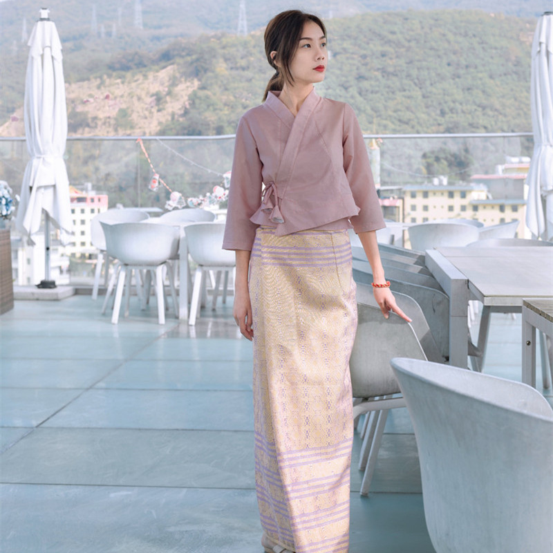 东南亚风格民族服装紫色金线泰国筒裙现代傣族服装民族服装