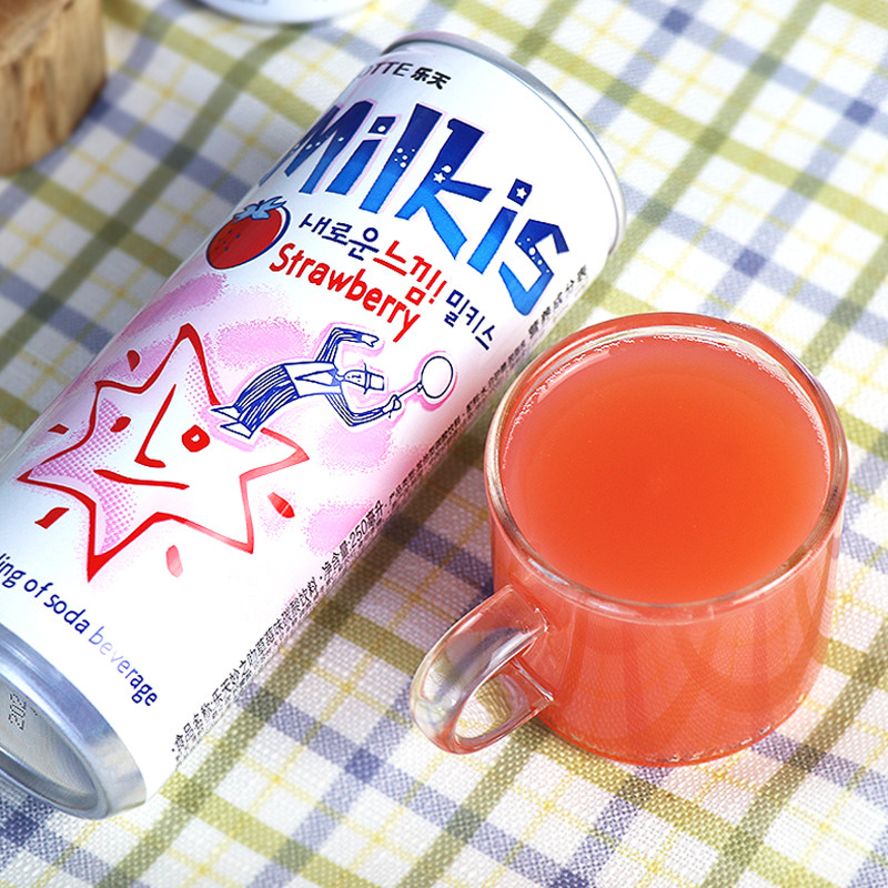 饮料韩国进口乐天牛奶苏打草莓250ml单罐夏季碳酸饮料