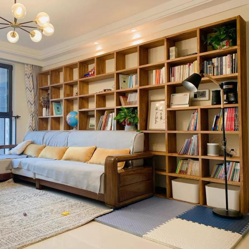 书架榆木定制松木家用客厅落地实木书柜满墙书架