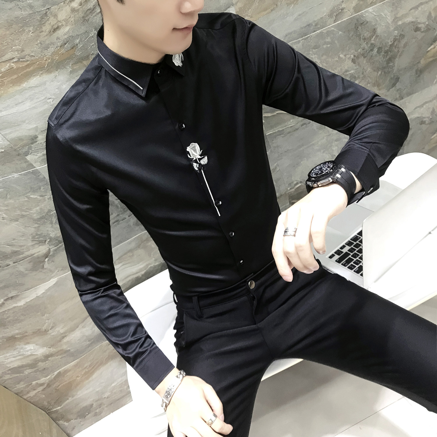 秋季少爷衬衣白衬衣刺绣服装ktv夜场潮男衬衫衬衫