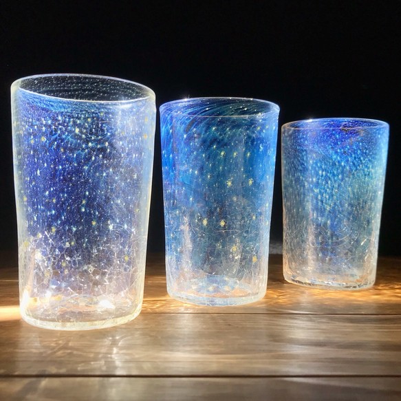现货日本作家手工钻石纹路蓝色星空炫彩星辰玻璃杯玻璃杯