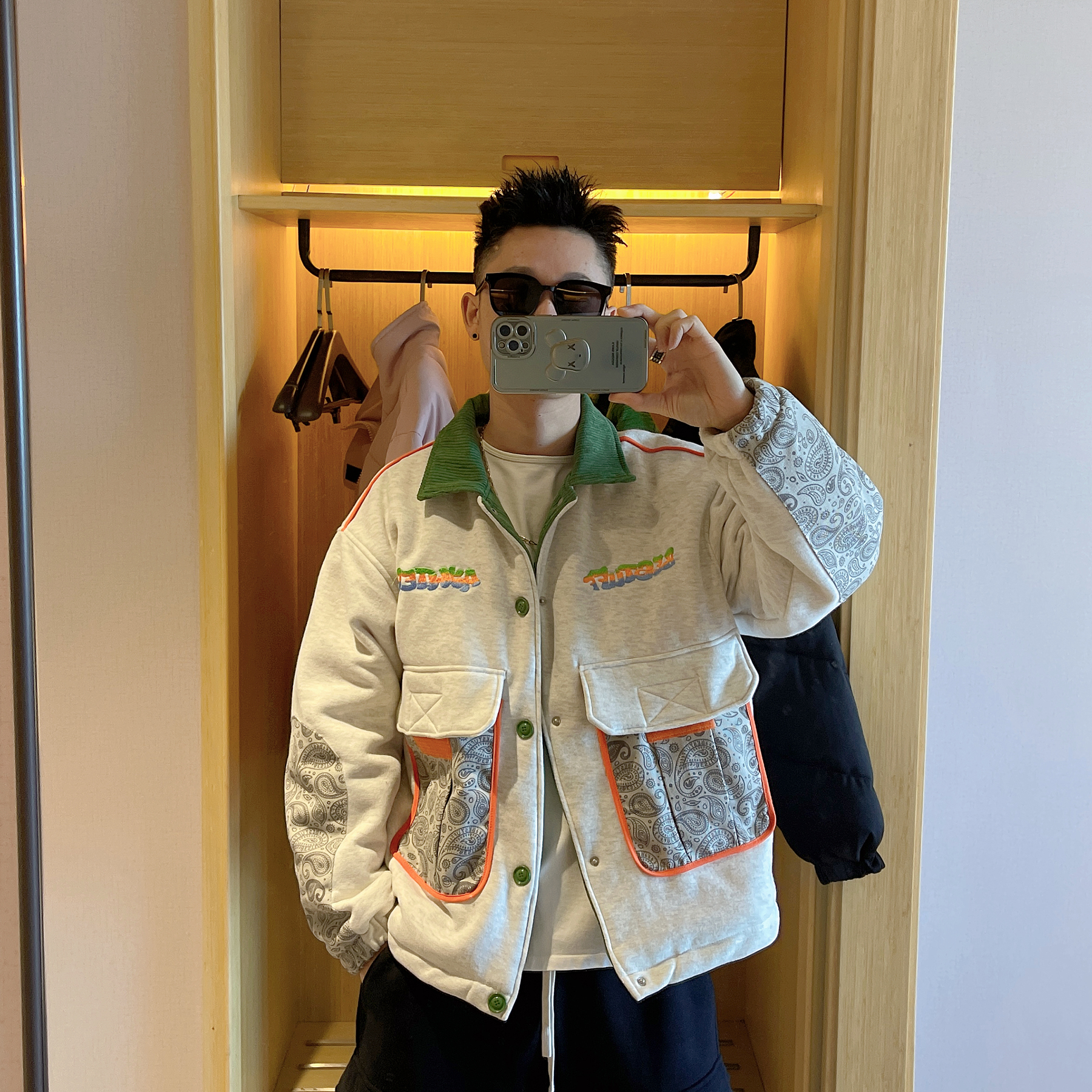 范哲贤 新款冬季国潮高街痞帅翻领拼接腰果花棉衣棉服男夹克外套