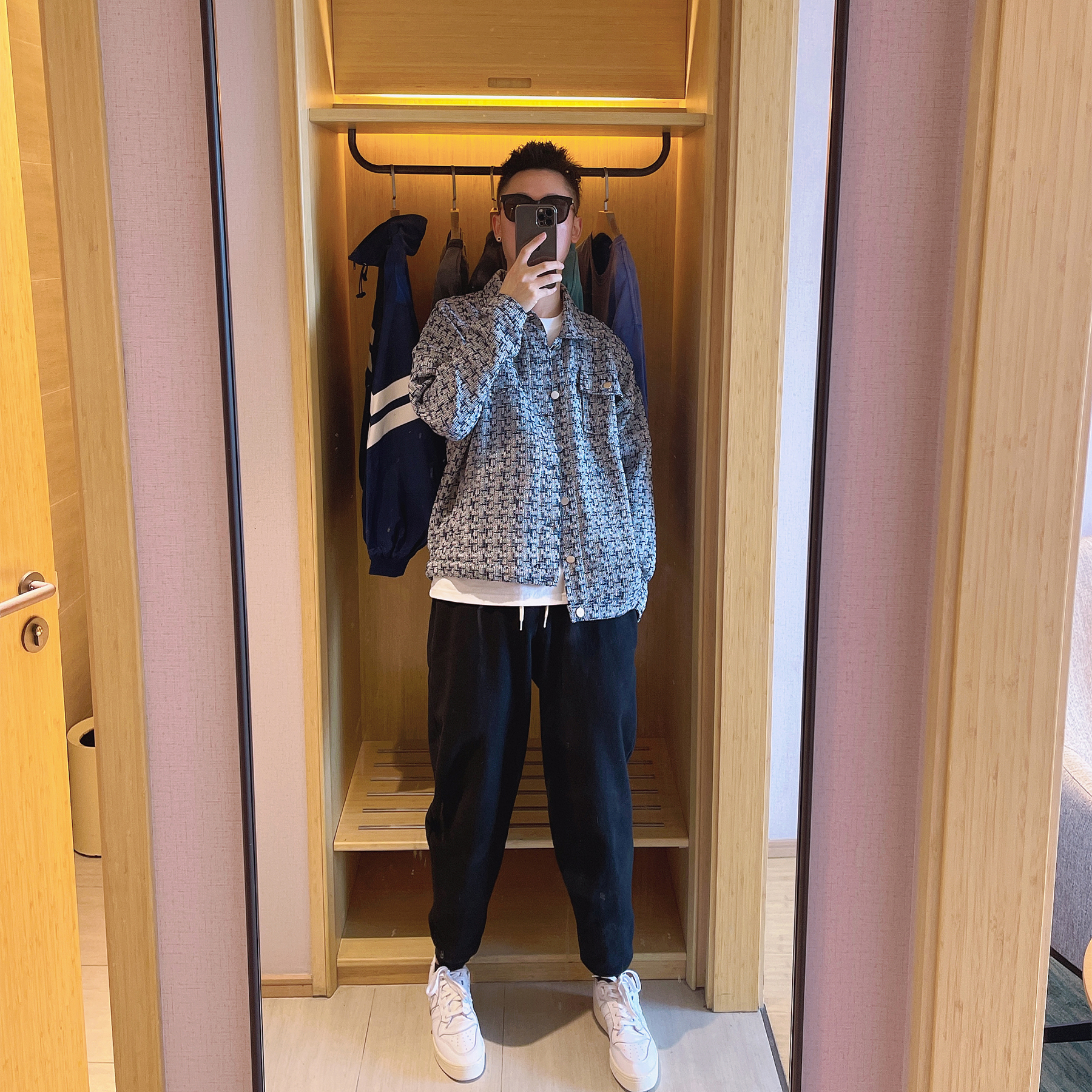 范哲贤 新款国潮小香风编织格子夹克男街头宽松休闲情侣衬衫外套