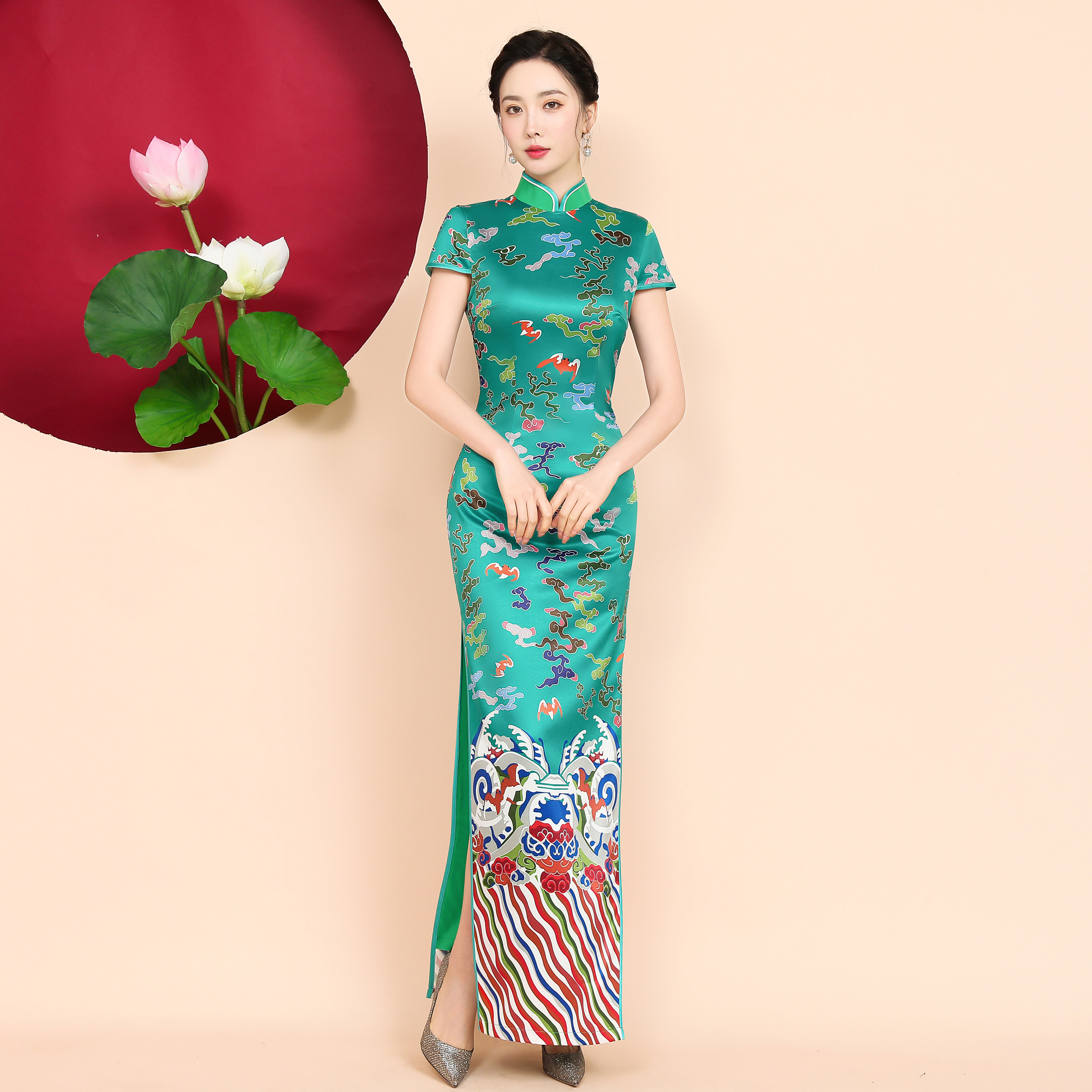 旗袍抖音同款改良版长款走秀复古气质中国国风旗袍