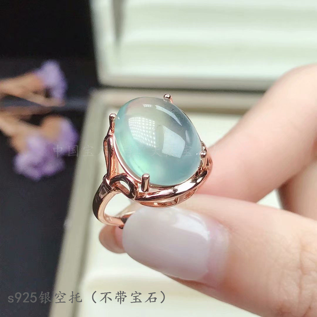 s925纯银椭圆14mm戒指空托蛋面晶石简单爪镶戒指