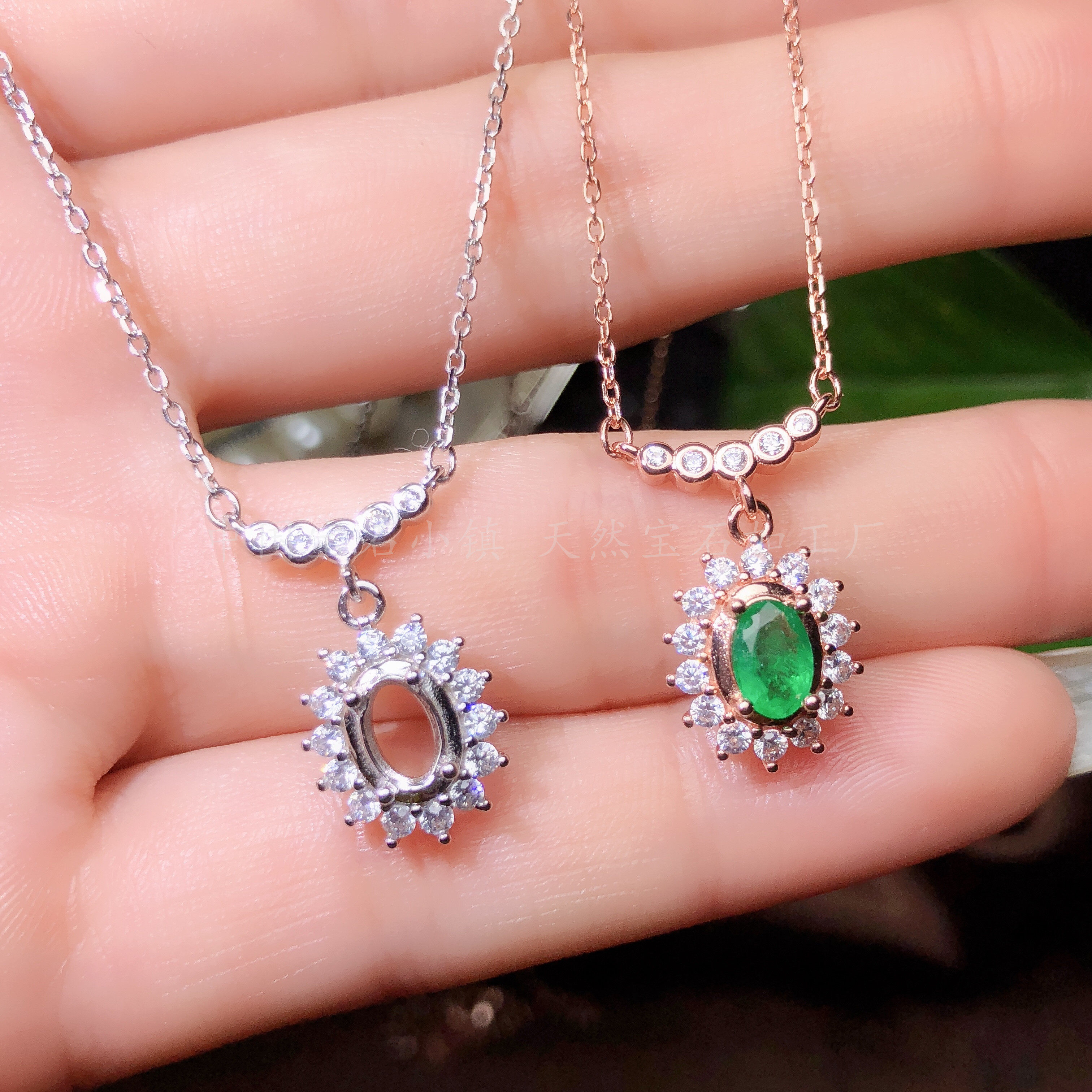 s925纯银椭圆形7mm锁骨吊坠空托镶钳蛋面晶石项坠