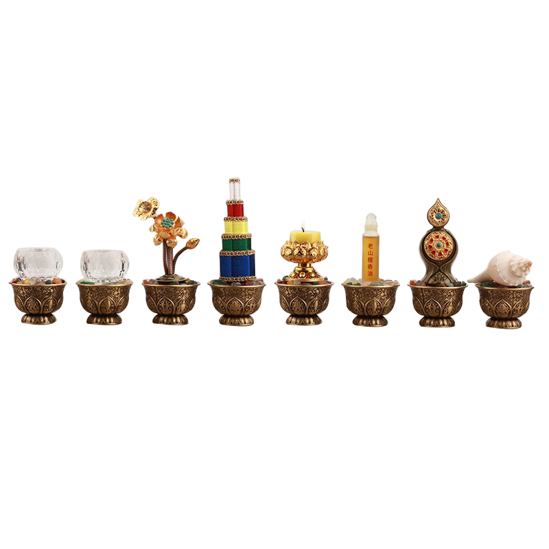 新款佛前八供套装纯铜八吉祥供水杯朵玛食子香塔法螺