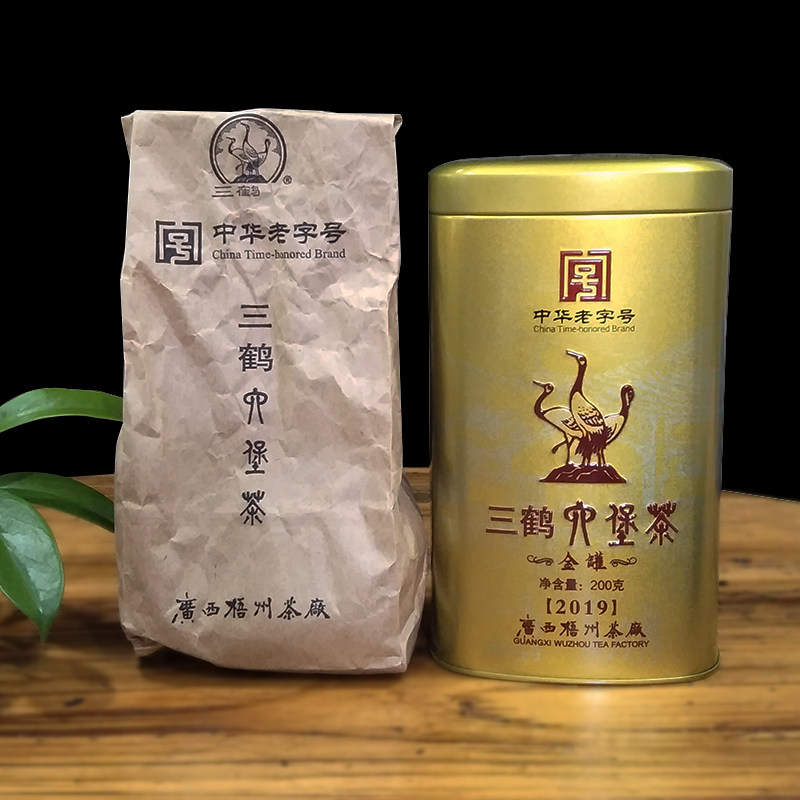 三鹤六堡茶金罐2019三级散茶200g2020年祛特级广西六堡茶