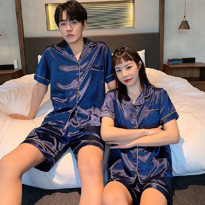 睡衣情侣装一男一女夏天冰丝短袖宽松大码薄款睡衣