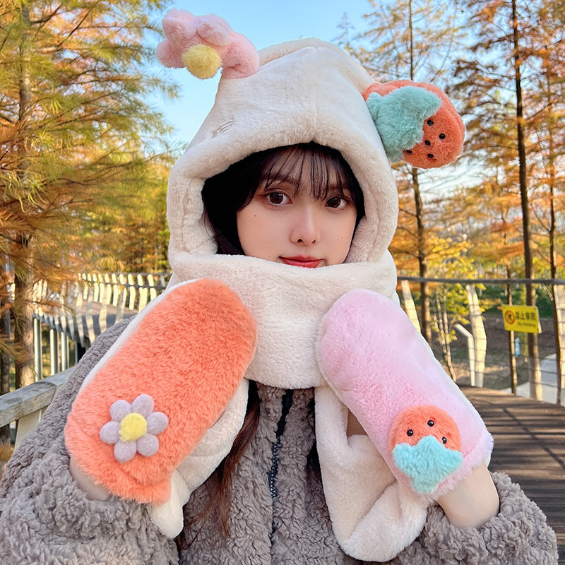 围巾卡通帽子可爱三件件套围脖一体头套冬天帽子