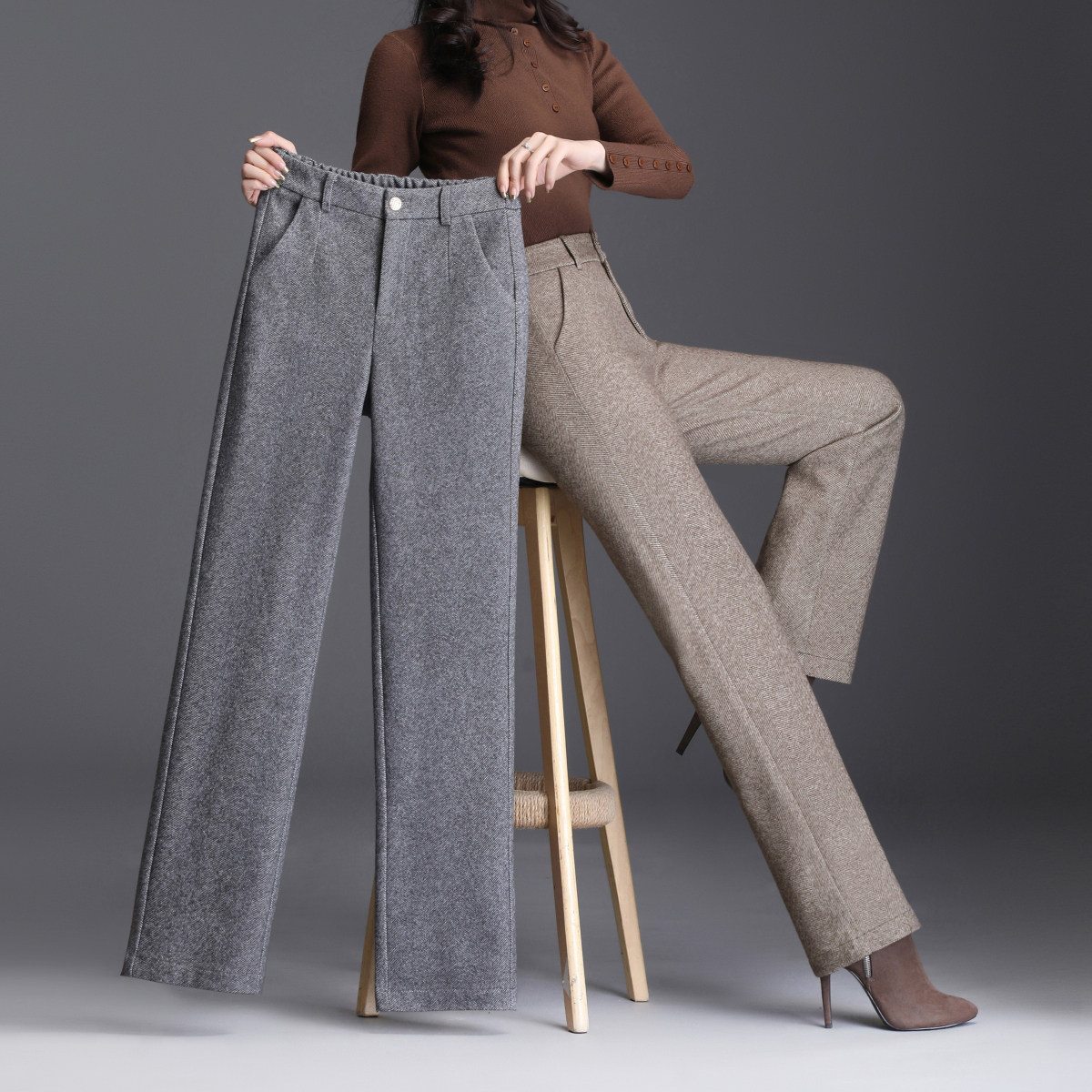 筒裤2020秋冬加厚毛呢裤子子女高腰垂感显瘦休闲裤