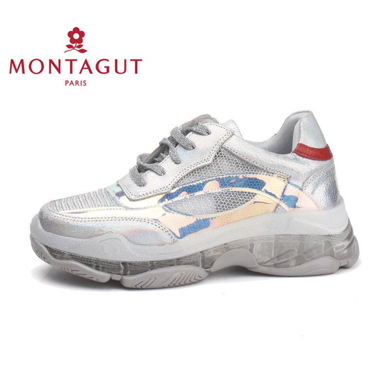 梦特娇女鞋运动休闲鞋女2019夏季新款撞色网布透气鞋真皮老爹鞋潮