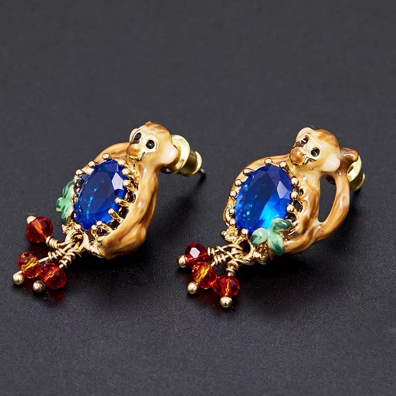 法式耳钉生肖小猴子蓝宝石耳环银针过敏珐琅耳饰耳环